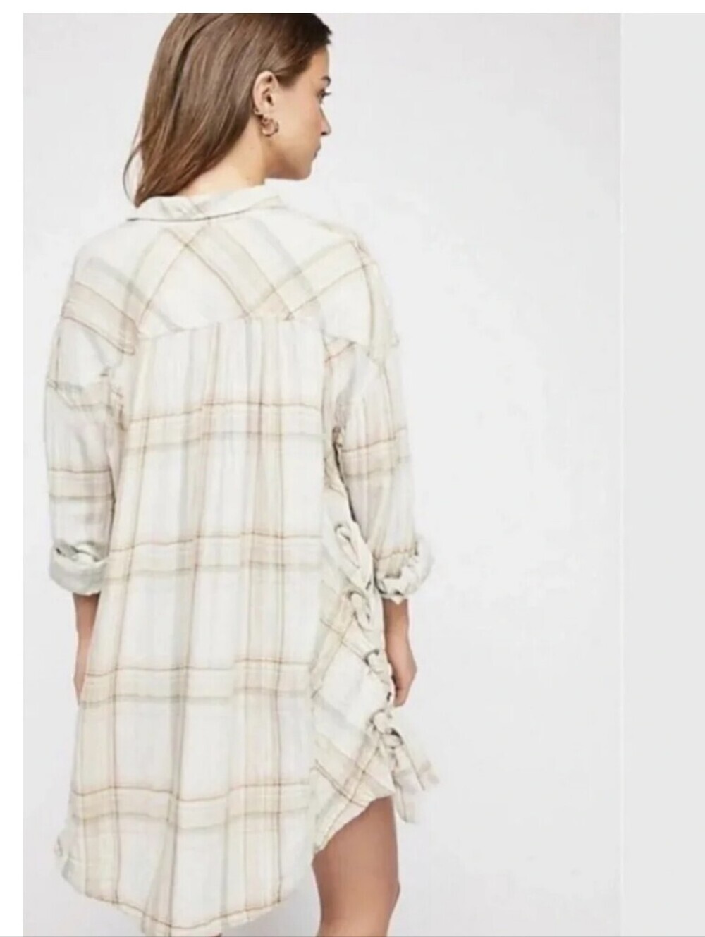 Free People Nordic Day Gauze Plaid Lace-up Side Tunic Top Small Cream Combo - Picture 3 of 10